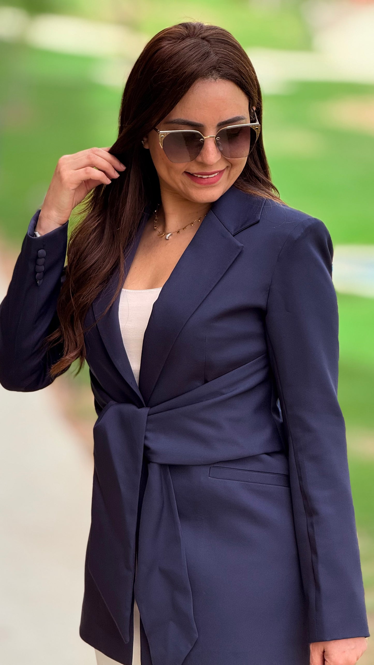 Navy blue ribbon blazer