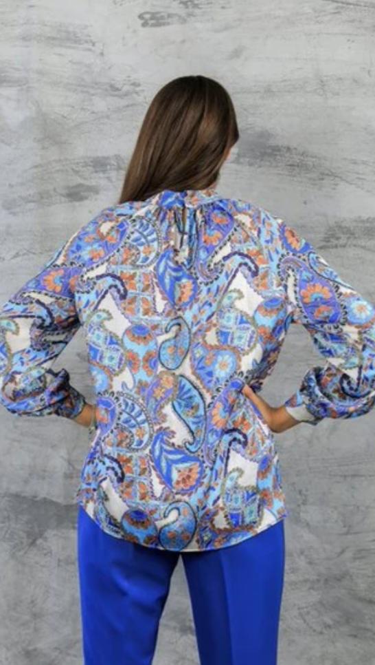 High Neck White*Blue Blouse