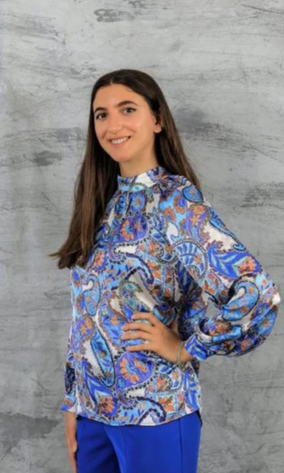 High Neck White*Blue Blouse