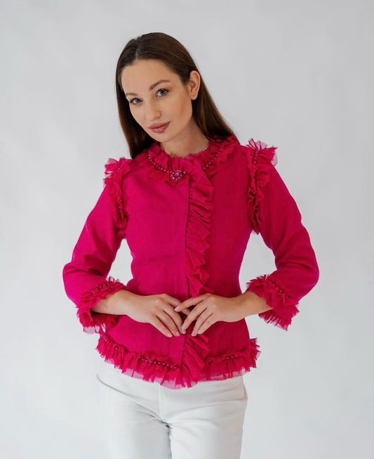 Wool Hot pink Blazer With Pearls