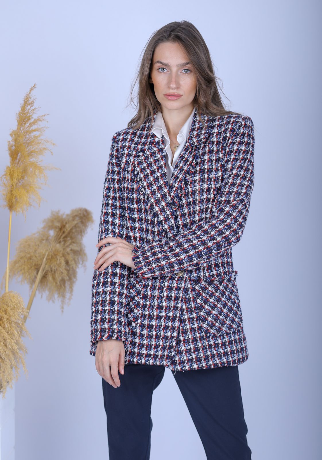 Blue Multicolored checkered blazer