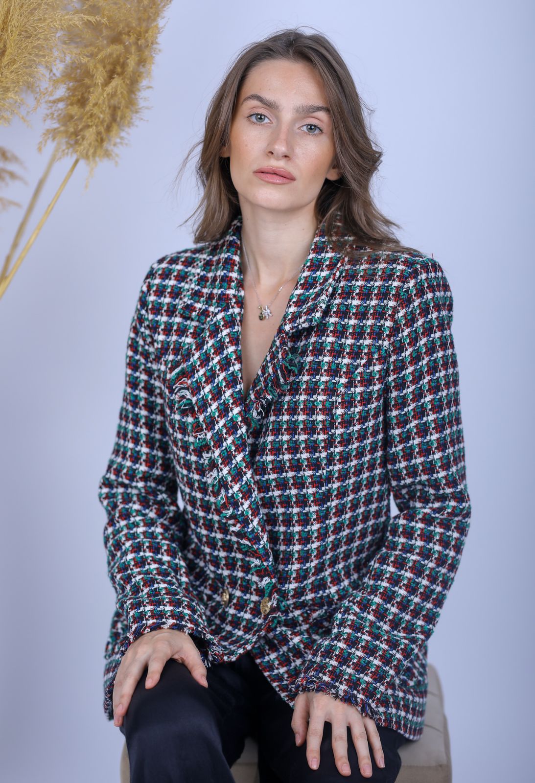 Green Multicolored Checkered Blazer