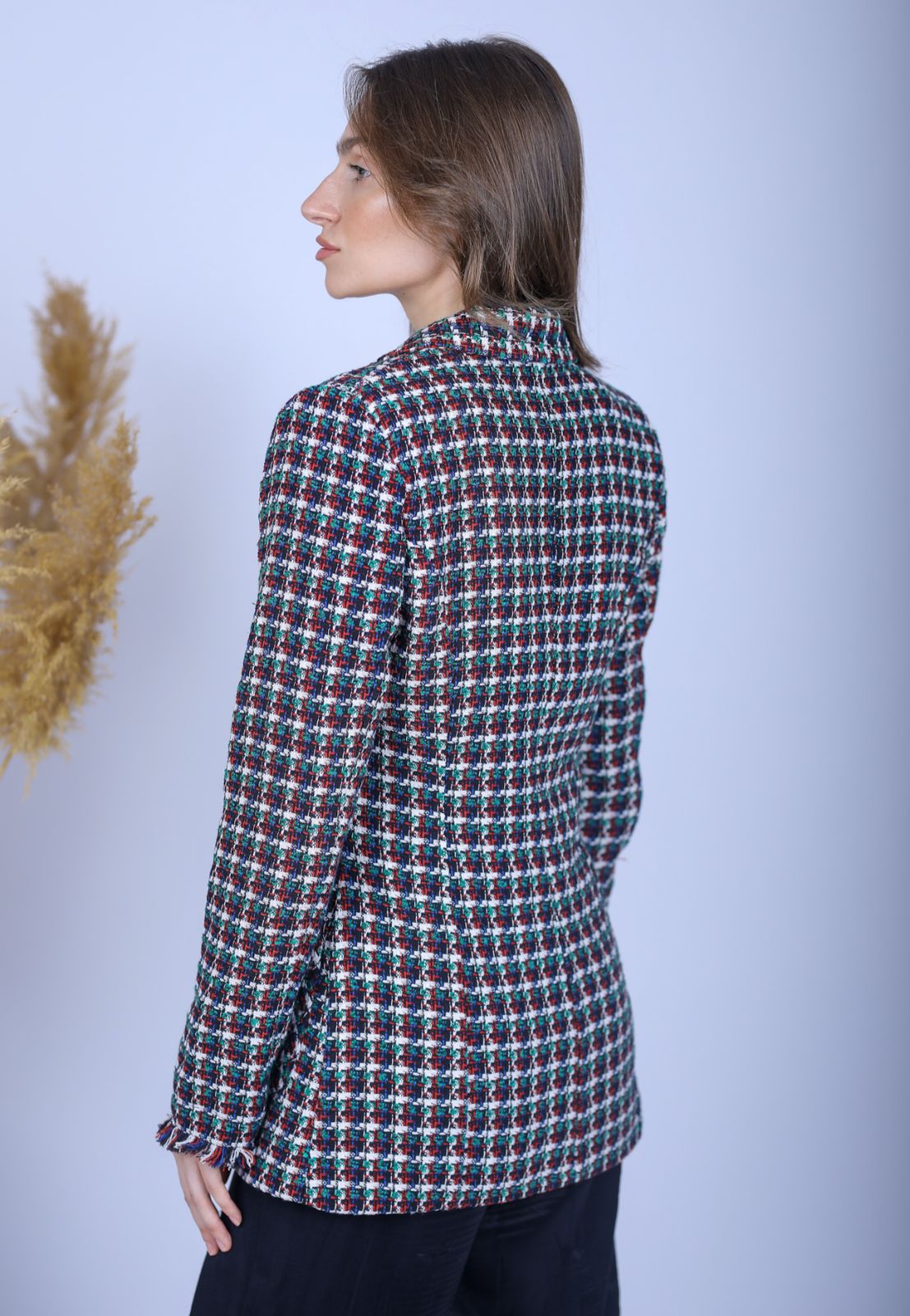 Green Multicolored Checkered Blazer