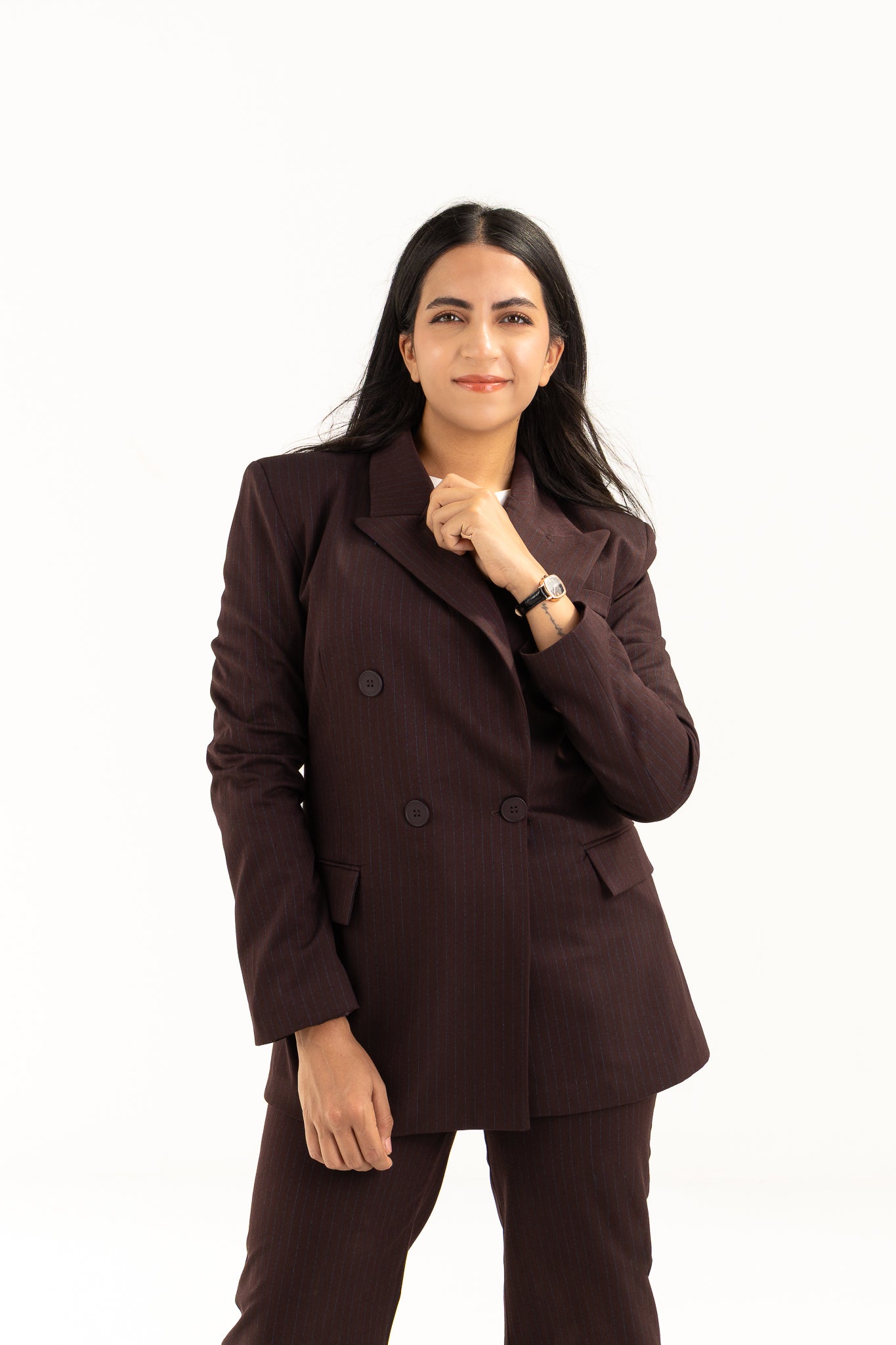 Brown suit with blue stripes