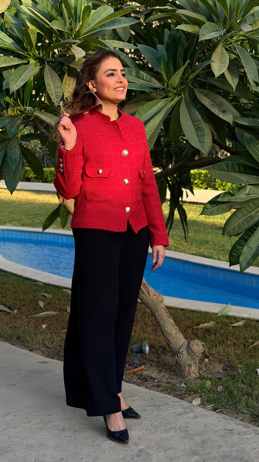 Textured cropped red blazer