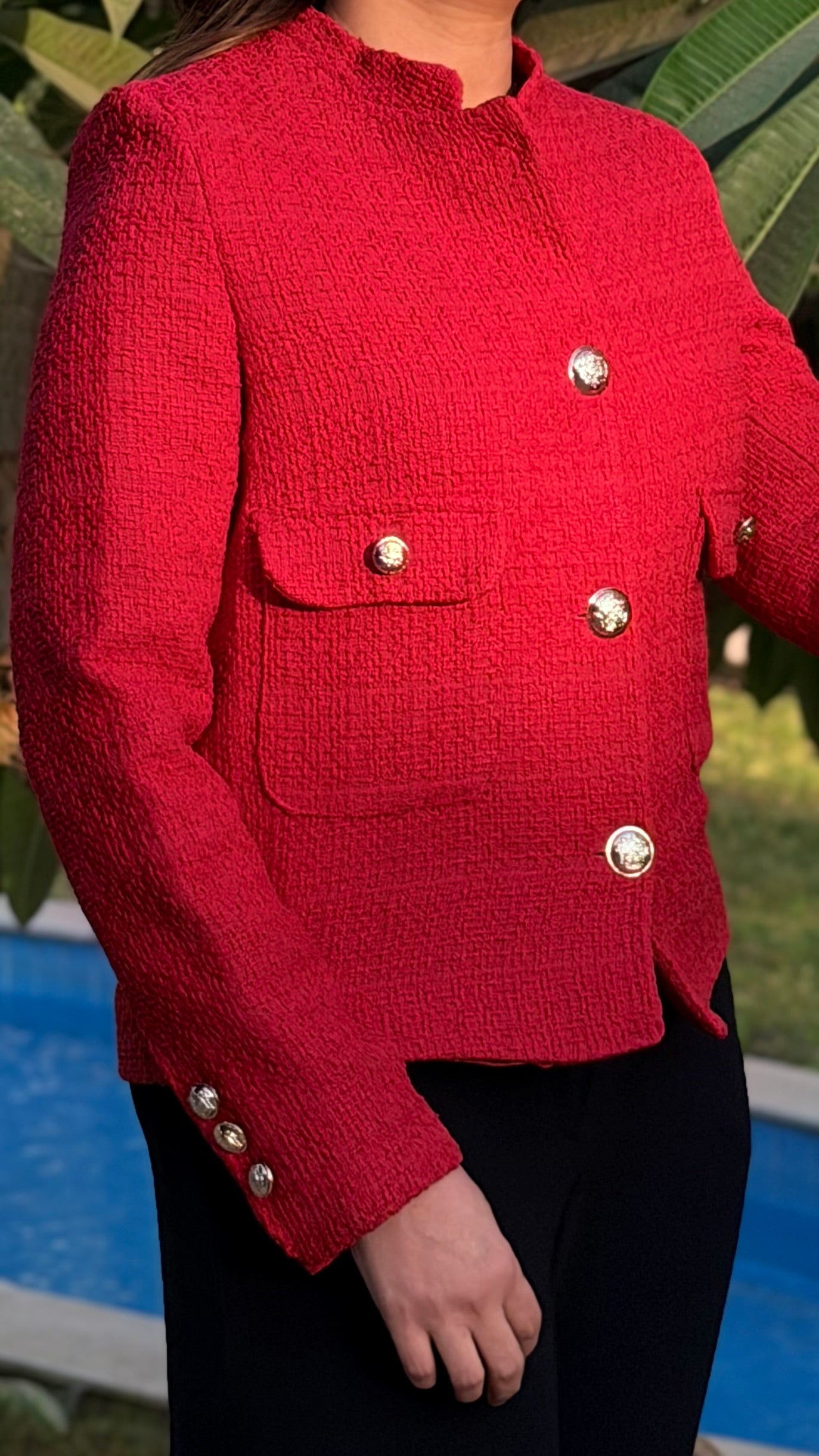 Textured cropped red blazer