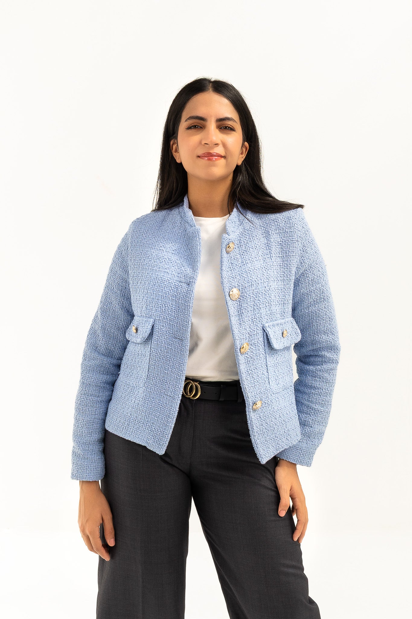 Textured Cropped Baby Blue Blazer