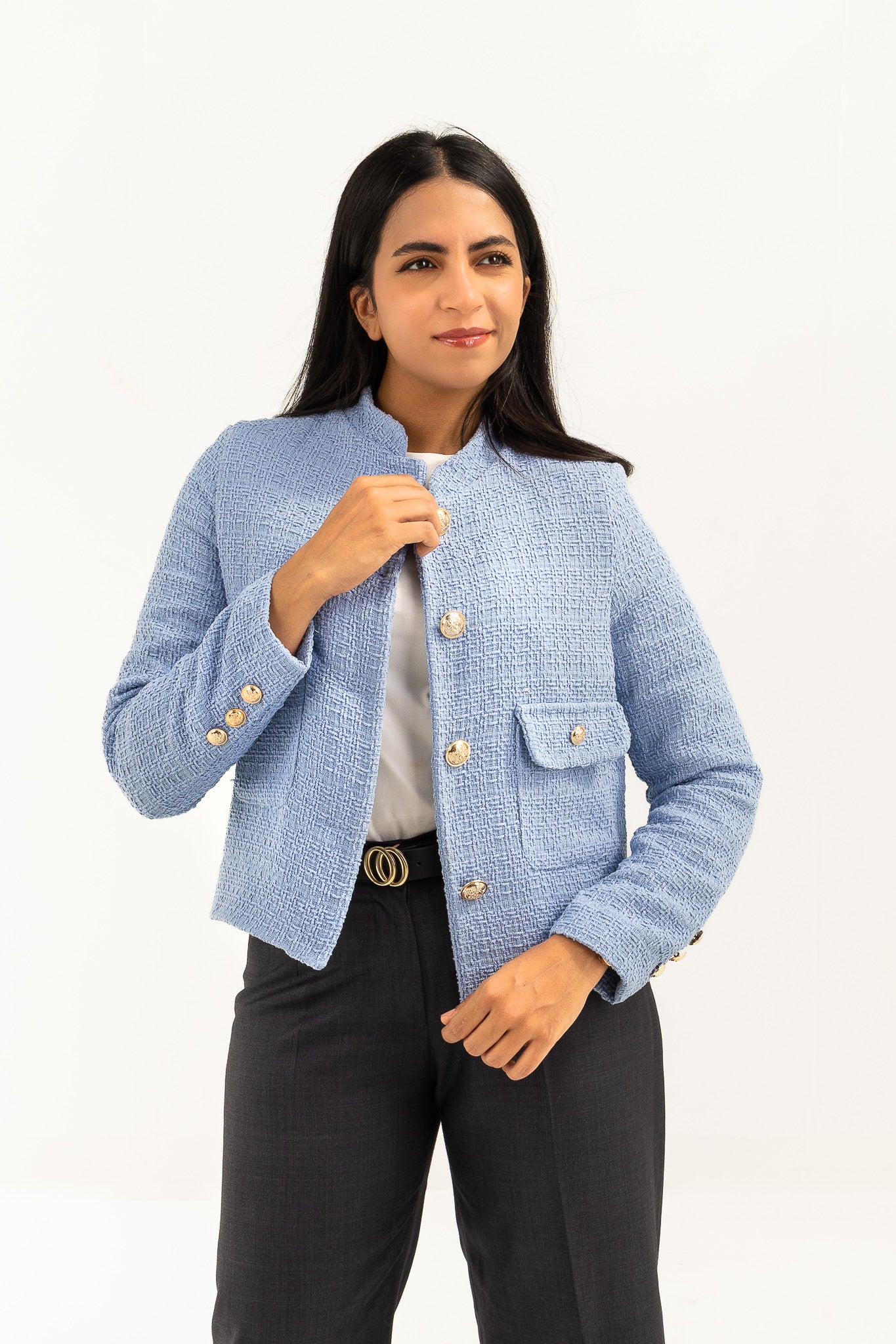 Textured Cropped Baby Blue Blazer