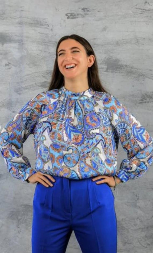 High Neck White*Blue Blouse