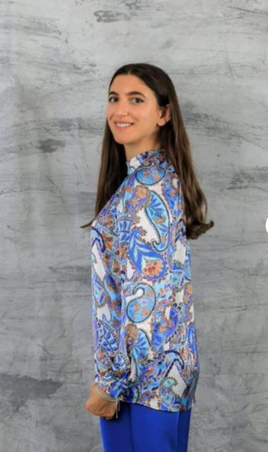 High Neck White*Blue Blouse