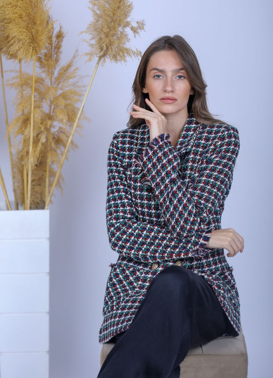 Green Multicolored Checkered Blazer