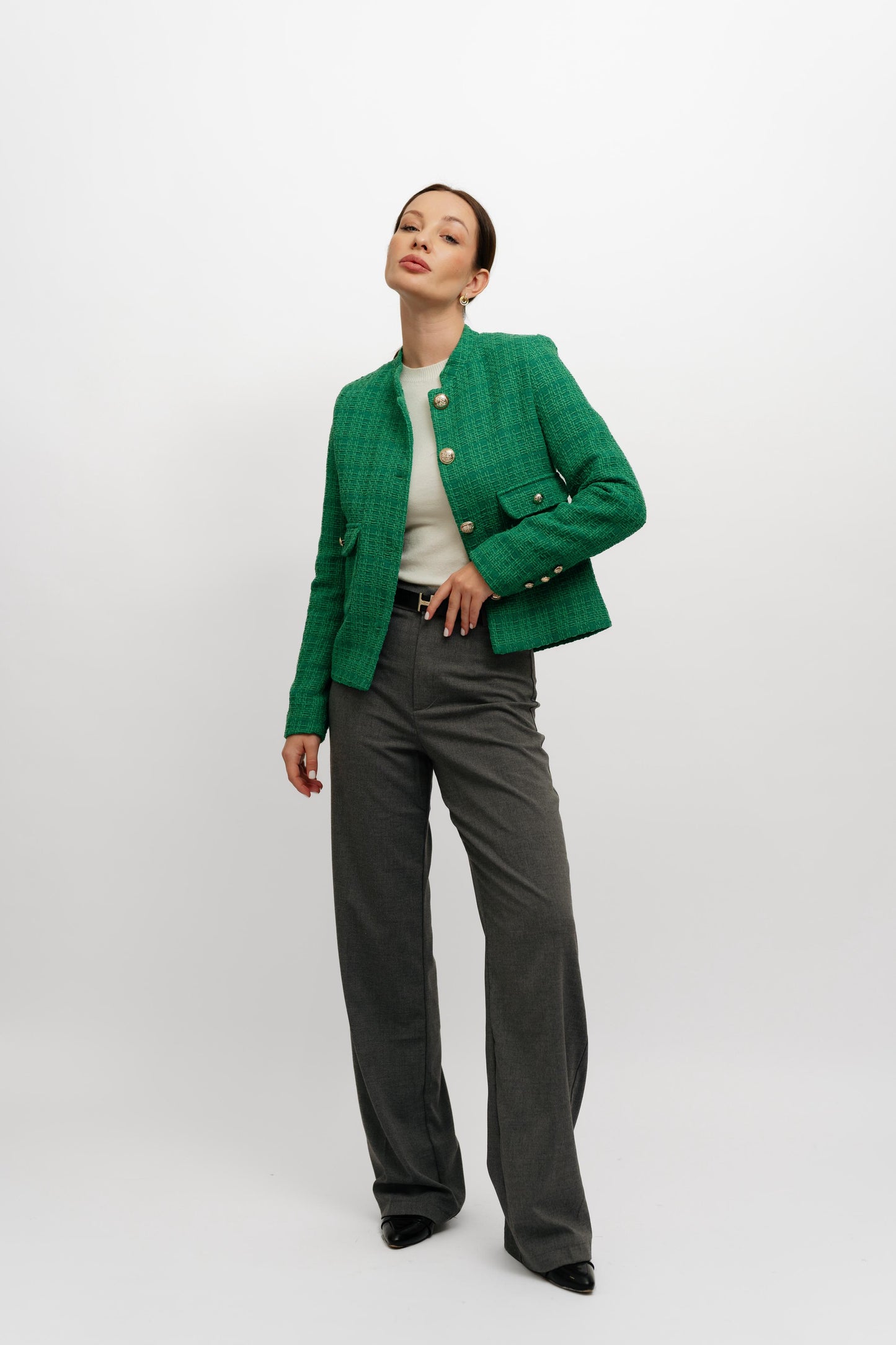 Textured Cropped Green Blazer