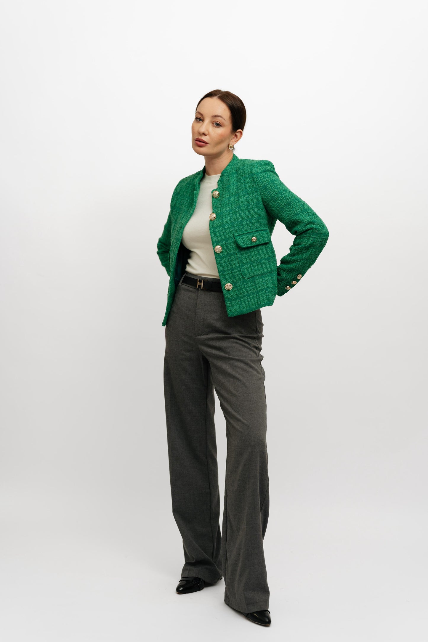 Textured Cropped Green Blazer