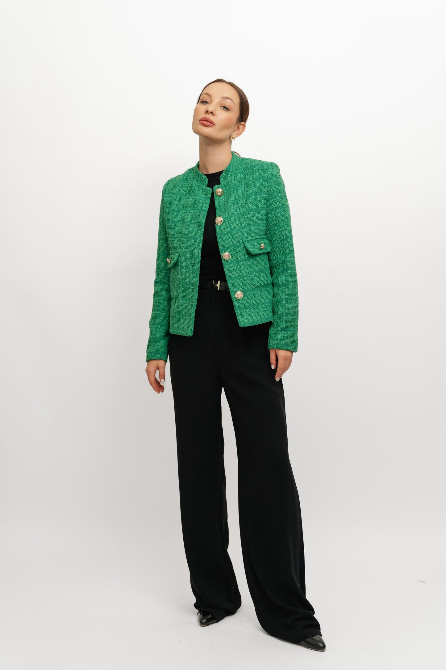 Textured Cropped Green Blazer
