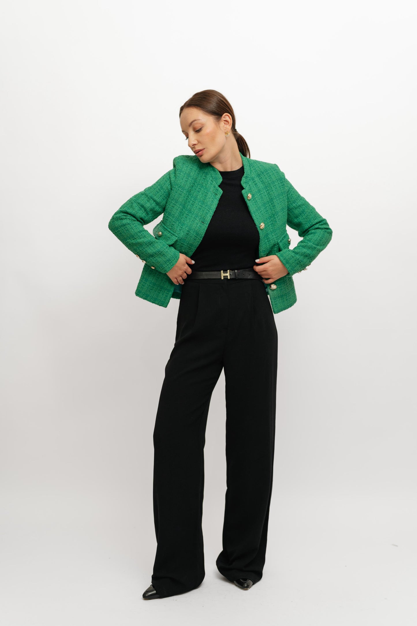 Textured Cropped Green Blazer