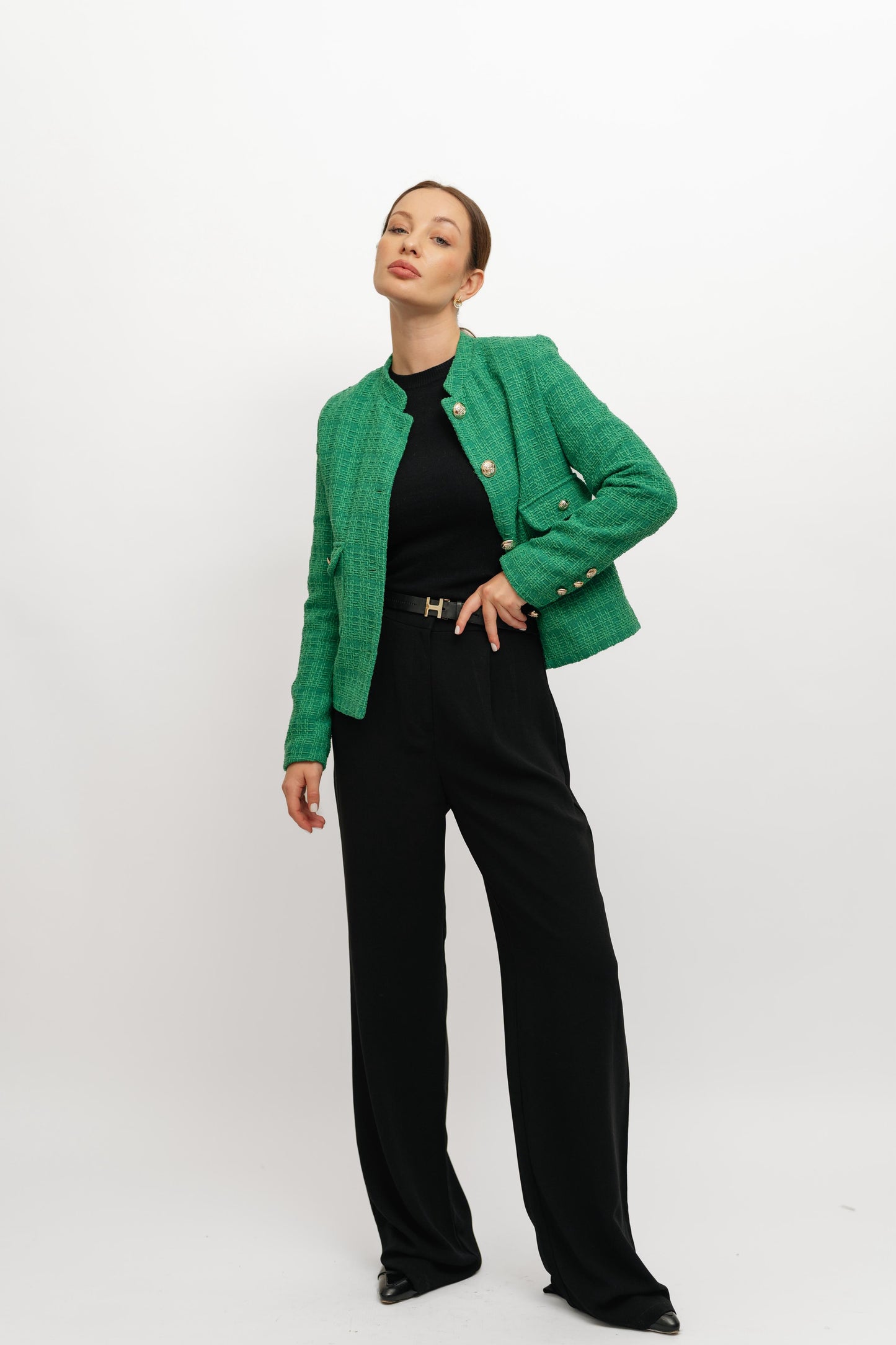 Textured Cropped Green Blazer